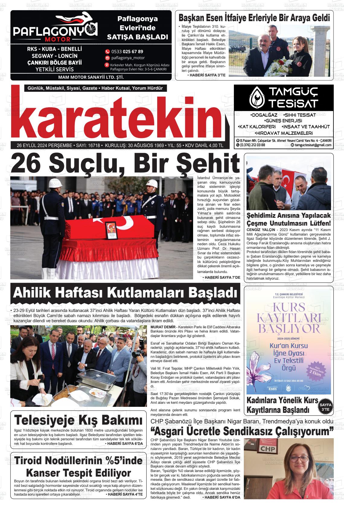 26 Eylül 2024 Karatekin Gazete Manşeti