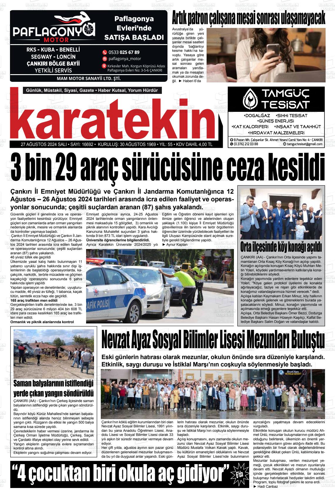 27 Ağustos 2024 Karatekin Gazete Manşeti