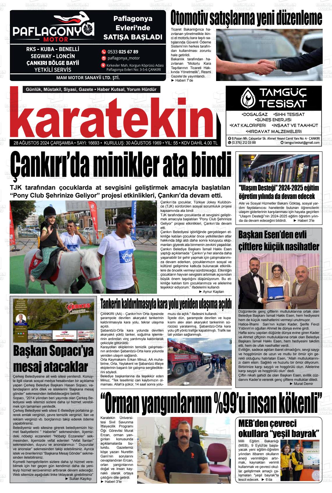 28 Ağustos 2024 Karatekin Gazete Manşeti