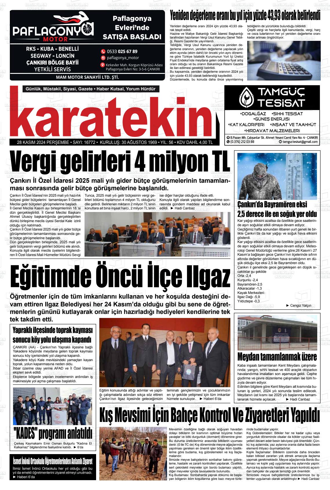 02 Aralık 2024 Karatekin Gazete Manşeti