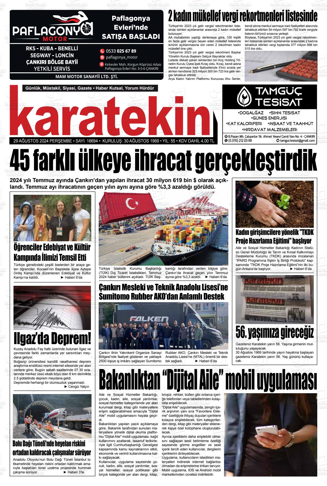 29 Ağustos 2024 Karatekin Gazete Manşeti