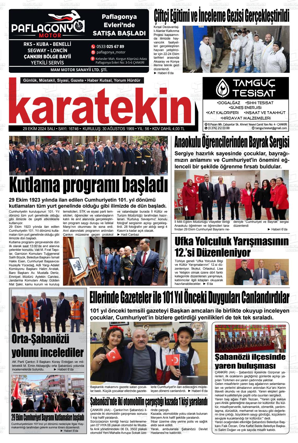 29 Ekim 2024 Karatekin Gazete Manşeti