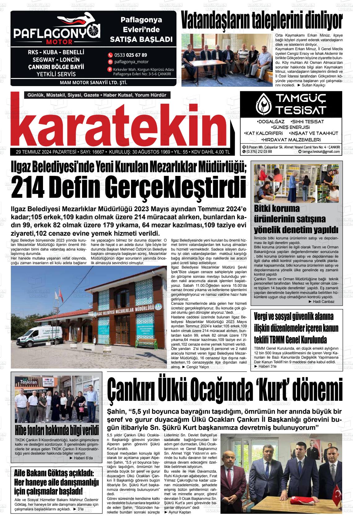 29 Temmuz 2024 Karatekin Gazete Manşeti