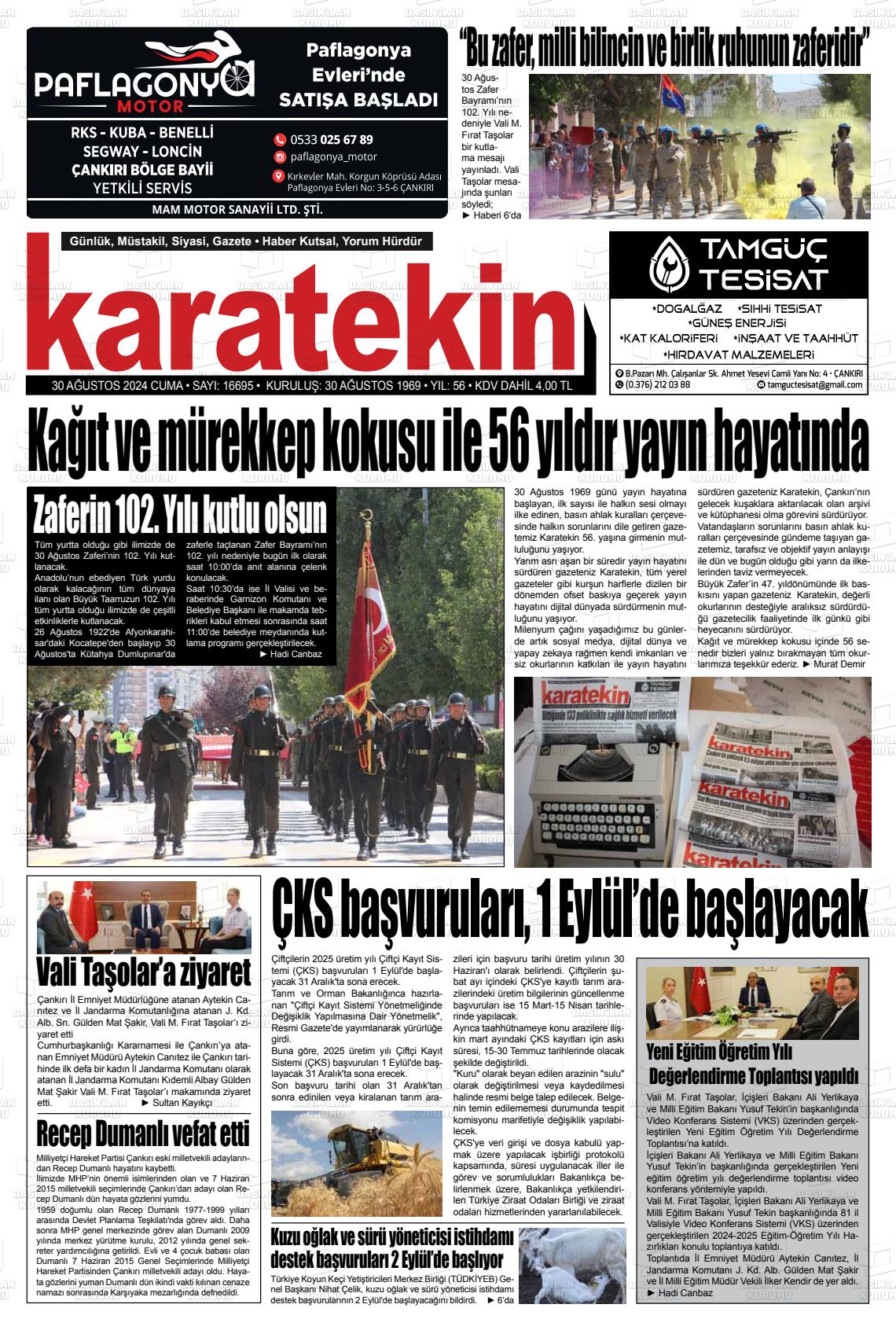 30 Ağustos 2024 Karatekin Gazete Manşeti