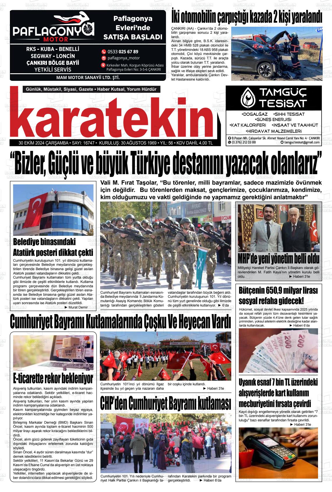 30 Ekim 2024 Karatekin Gazete Manşeti