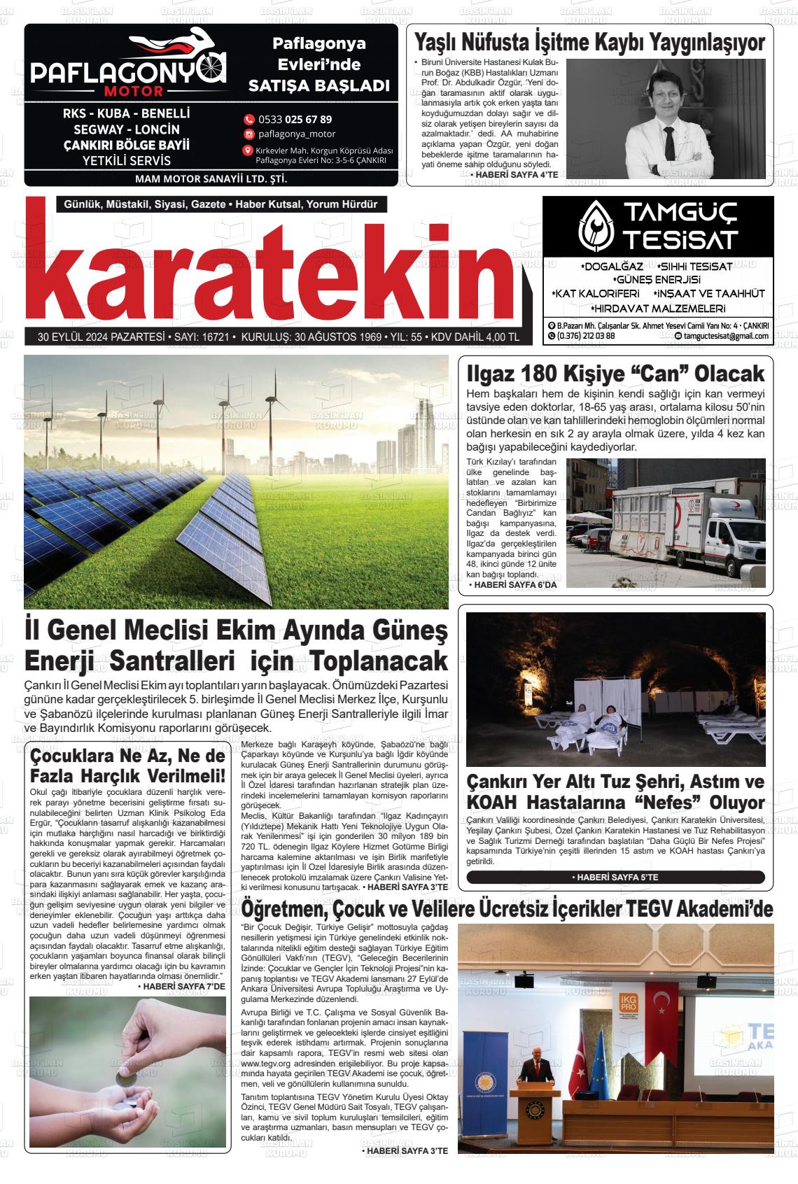 30 Eylül 2024 Karatekin Gazete Manşeti