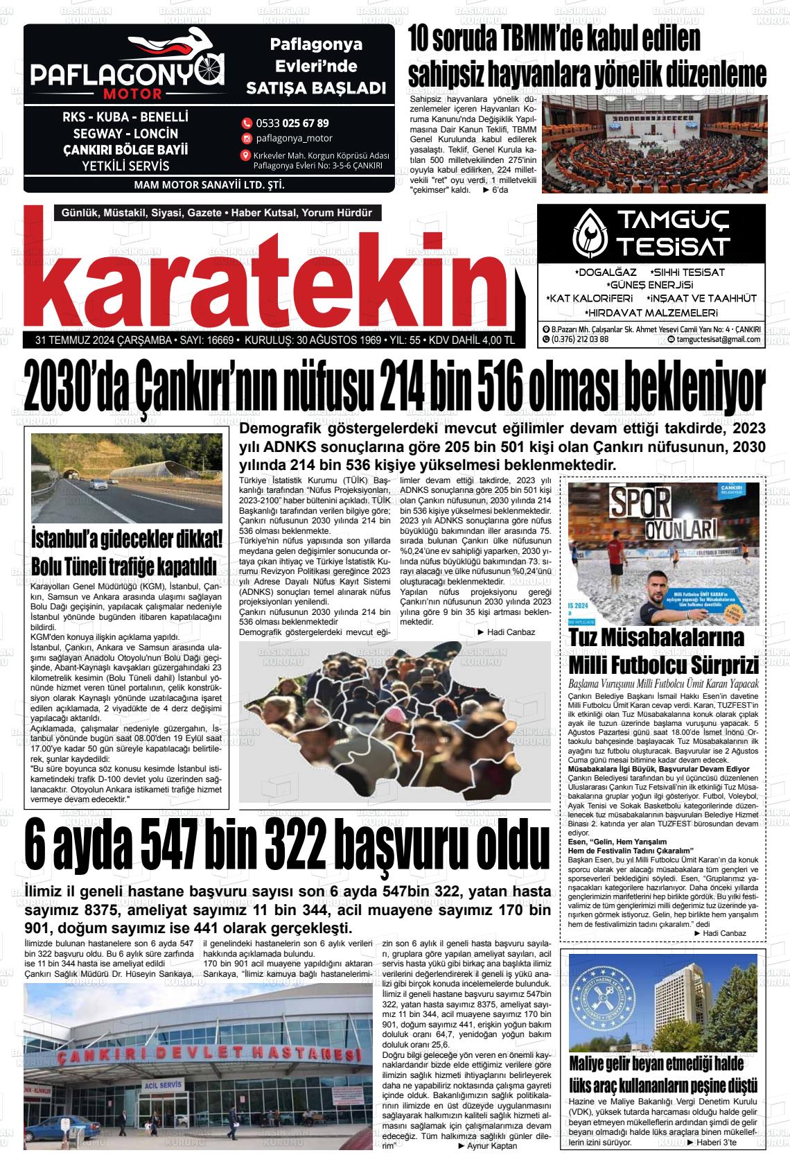 31 Temmuz 2024 Karatekin Gazete Manşeti