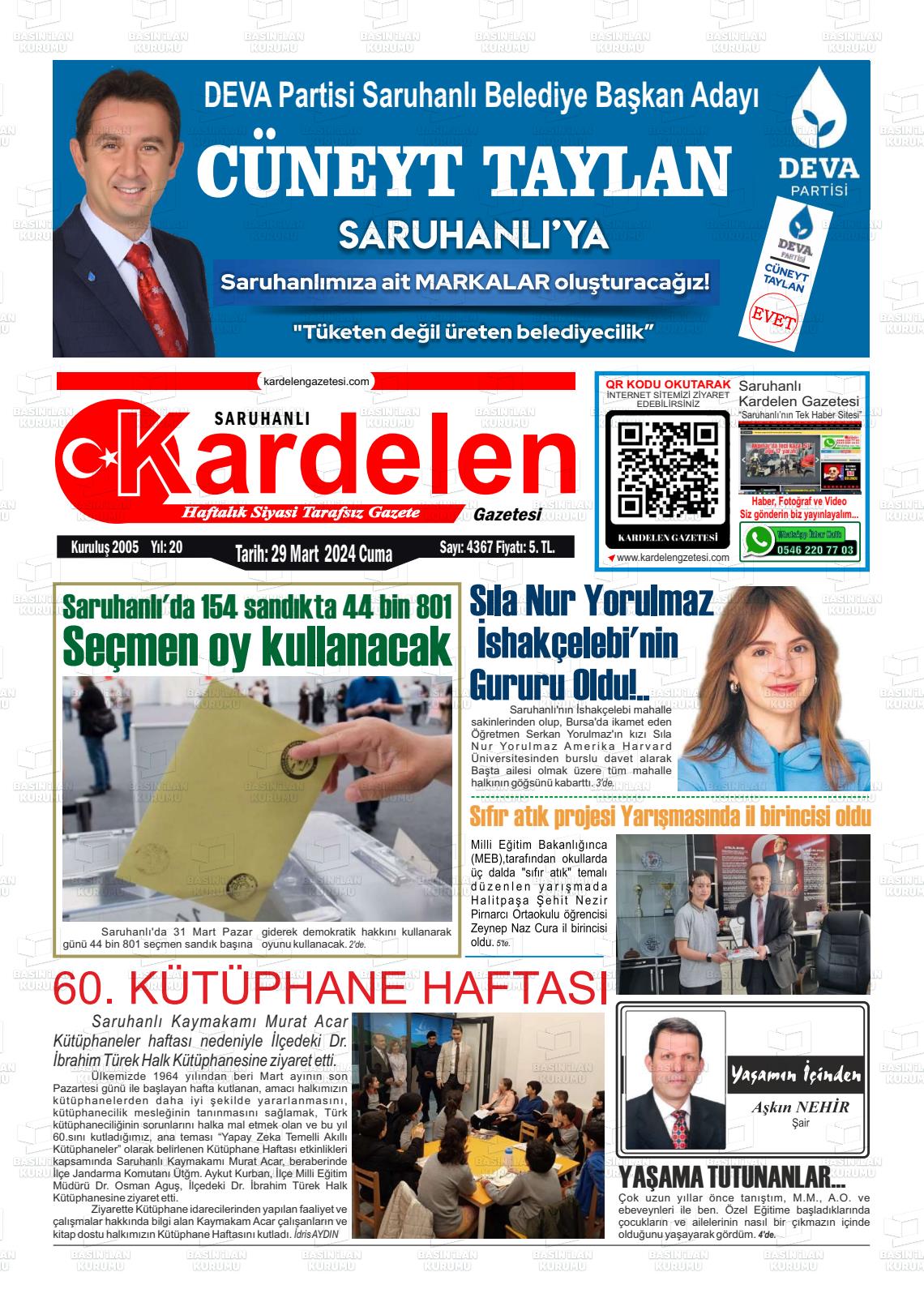 29 Mart 2024 Saruhanlı Kardelen Gazete Manşeti