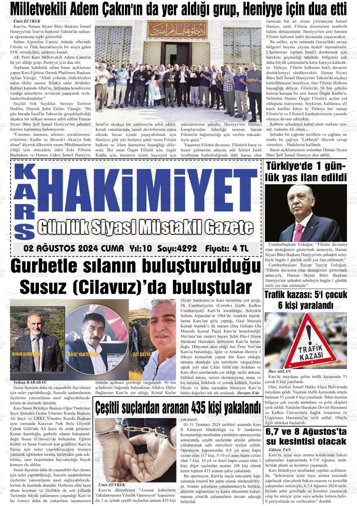 02 Ağustos 2024 Kars Manşet Gazete Manşeti