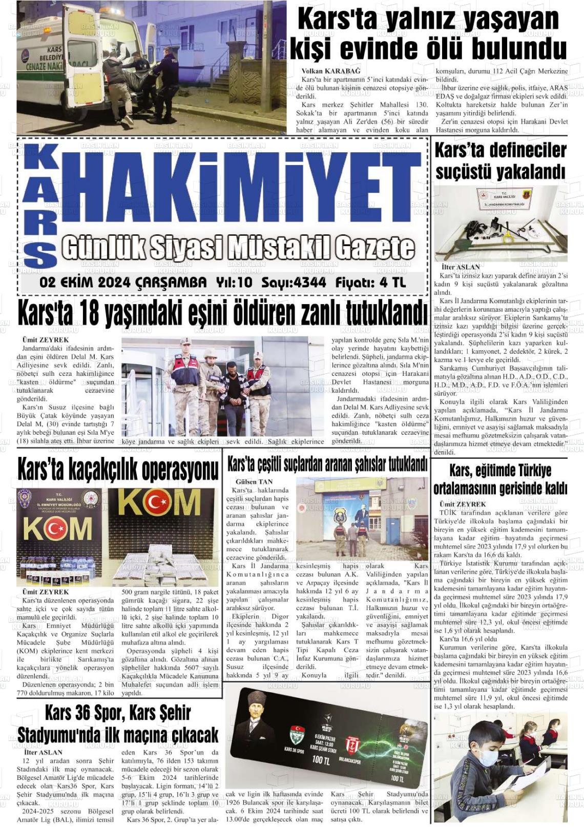 02 Ekim 2024 Kars Manşet Gazete Manşeti