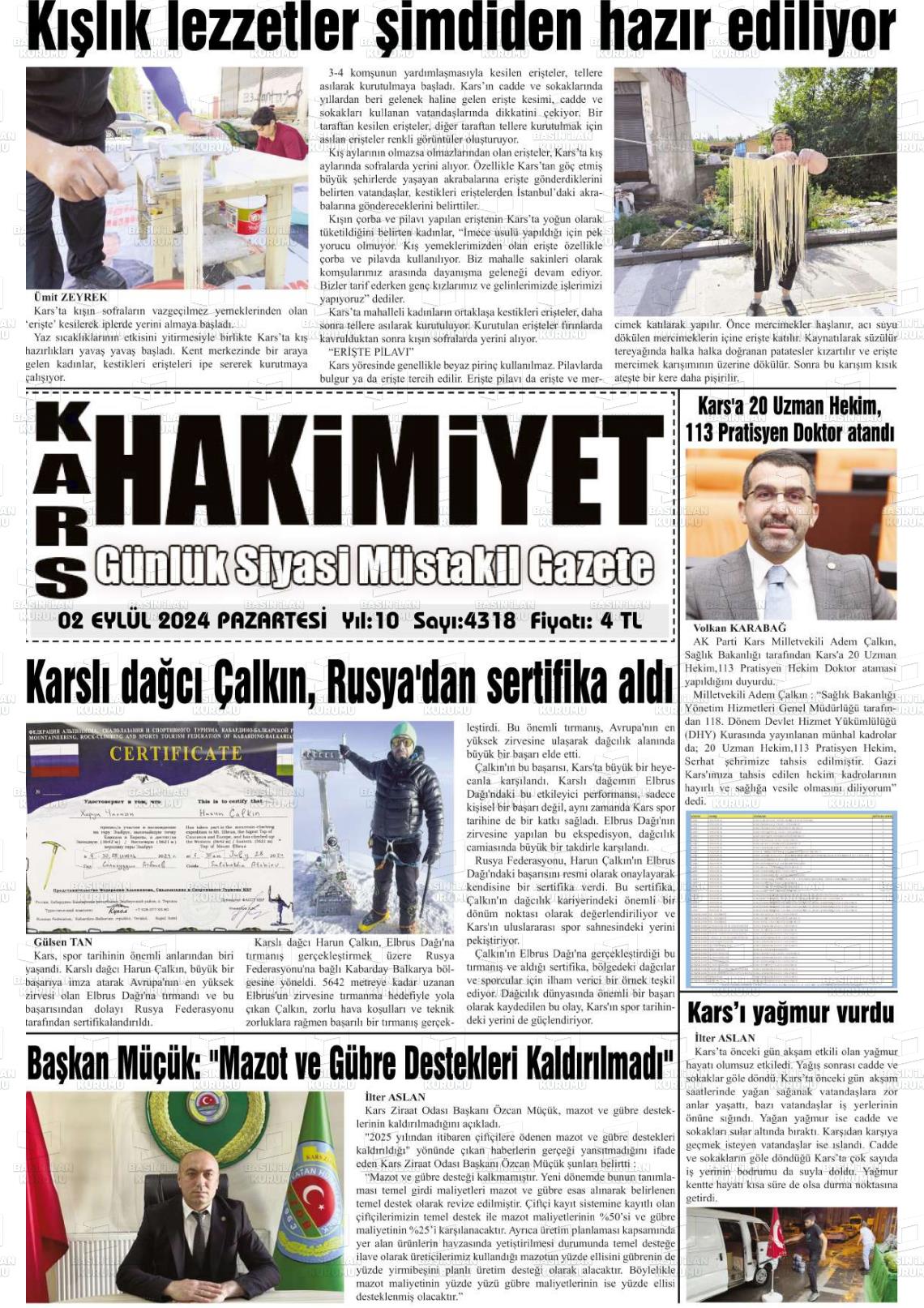 02 Eylül 2024 Kars Manşet Gazete Manşeti