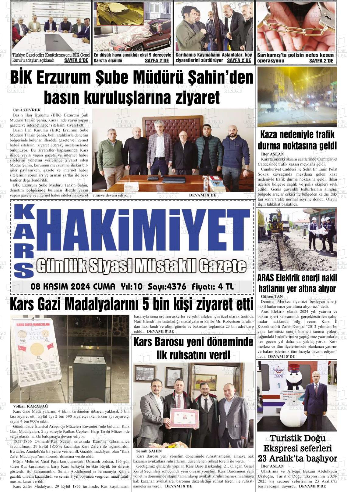 08 Kasım 2024 Kars Manşet Gazete Manşeti