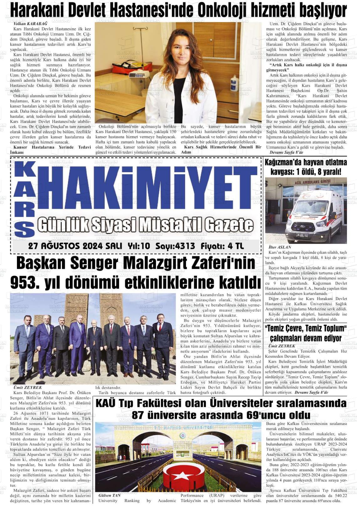 27 Ağustos 2024 Kars Manşet Gazete Manşeti