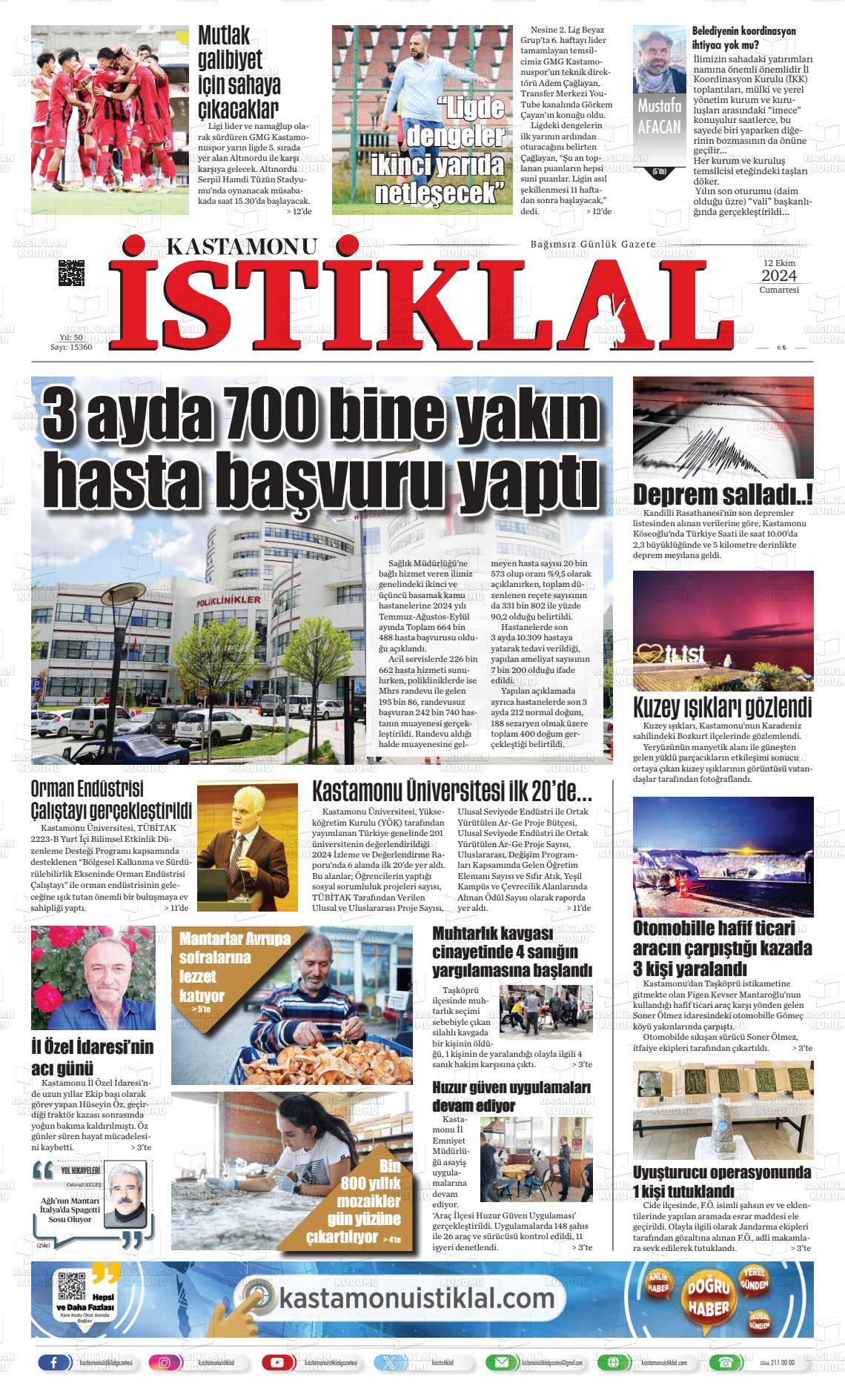 12 Ekim 2024 Kastamonu Gazete Manşeti