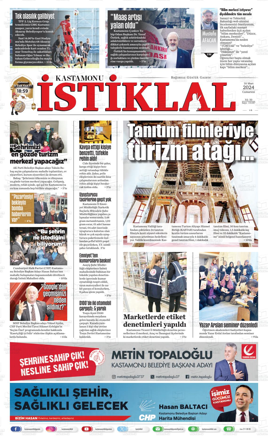 16 Mart 2024 Kastamonu Gazete Manşeti