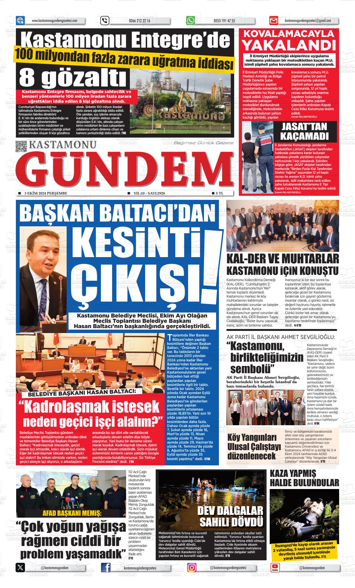 03 Ekim 2024 Kastamonu Gündem Gazete Manşeti