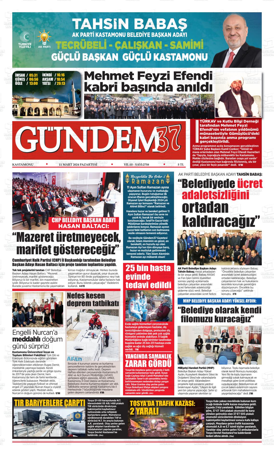 11 Mart 2024 Kastamonu Gündem Gazete Manşeti