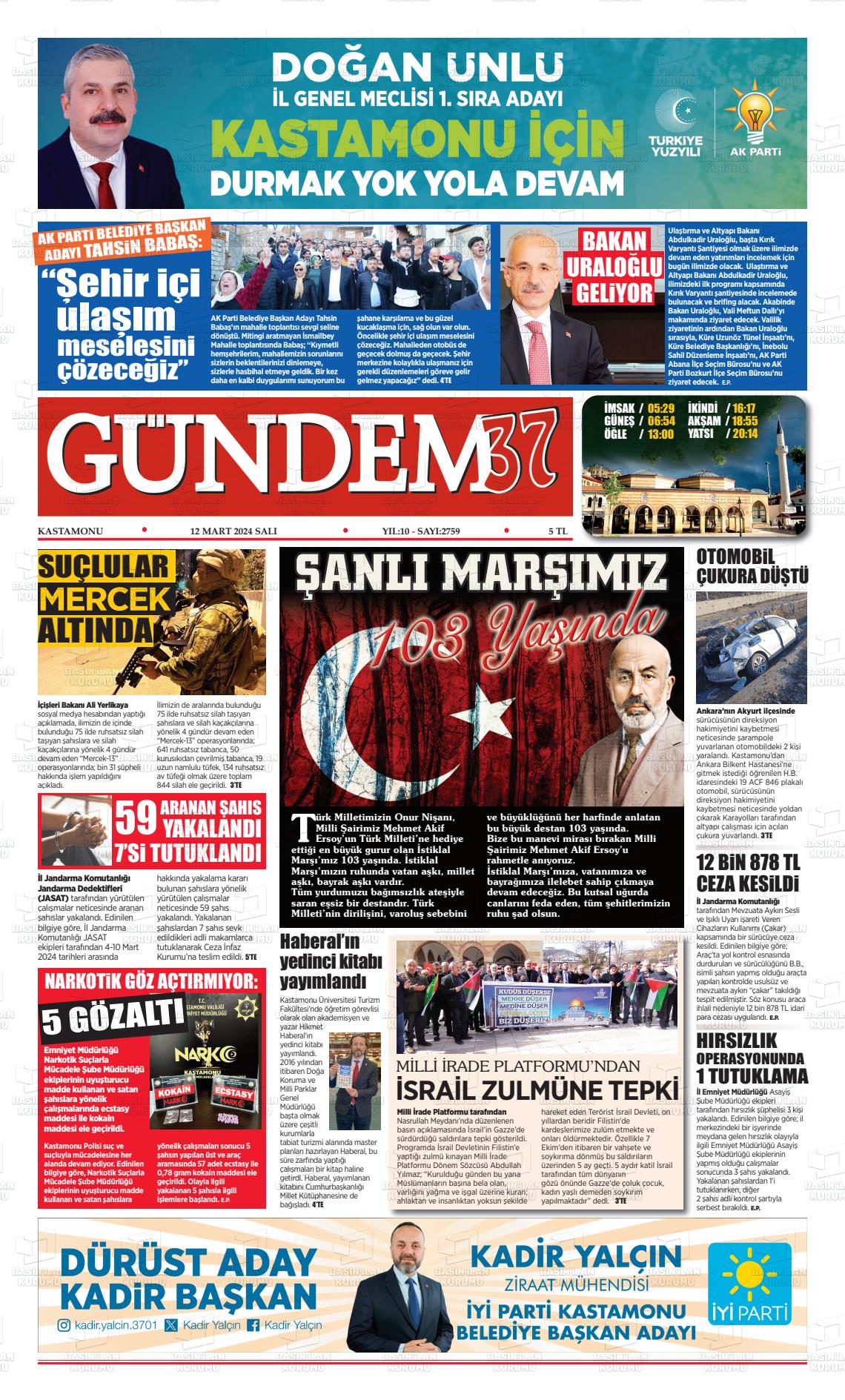 12 Mart 2024 Kastamonu Gündem Gazete Manşeti