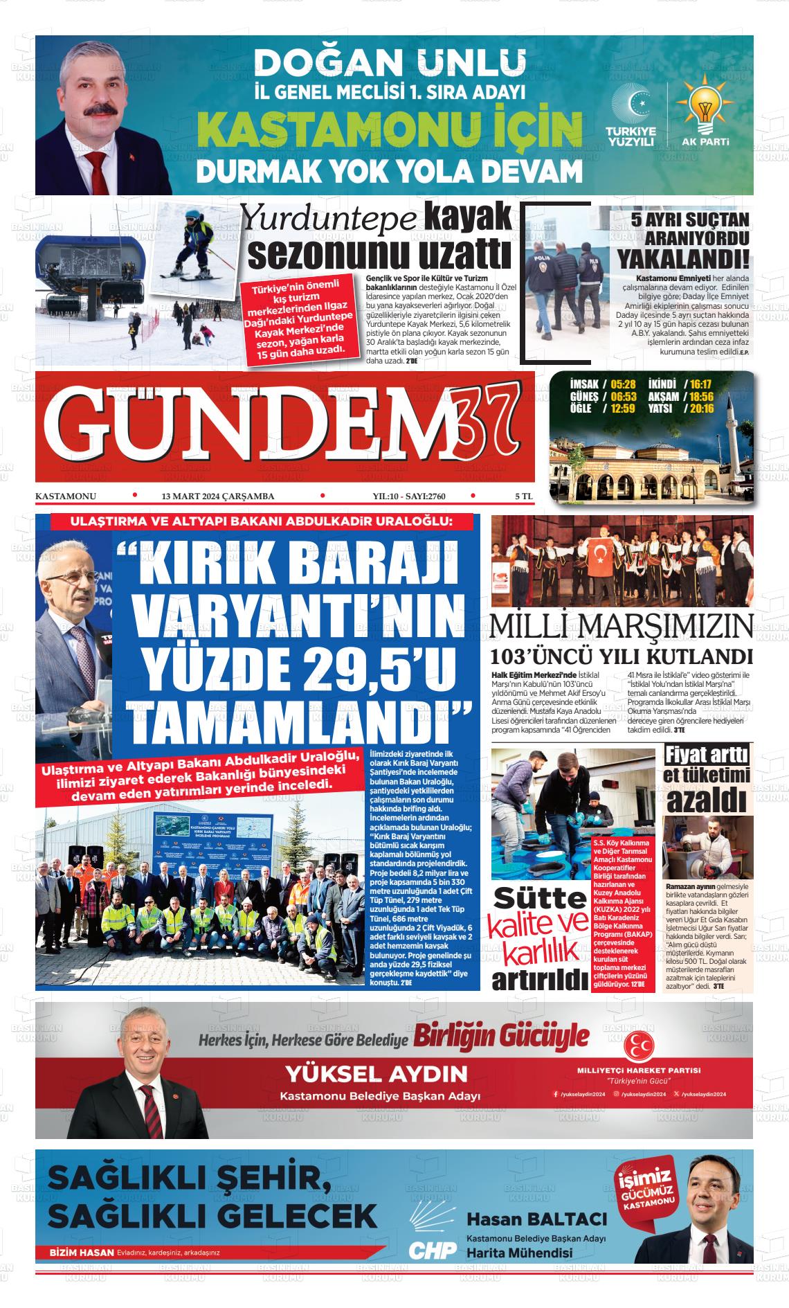 13 Mart 2024 Kastamonu Gündem Gazete Manşeti