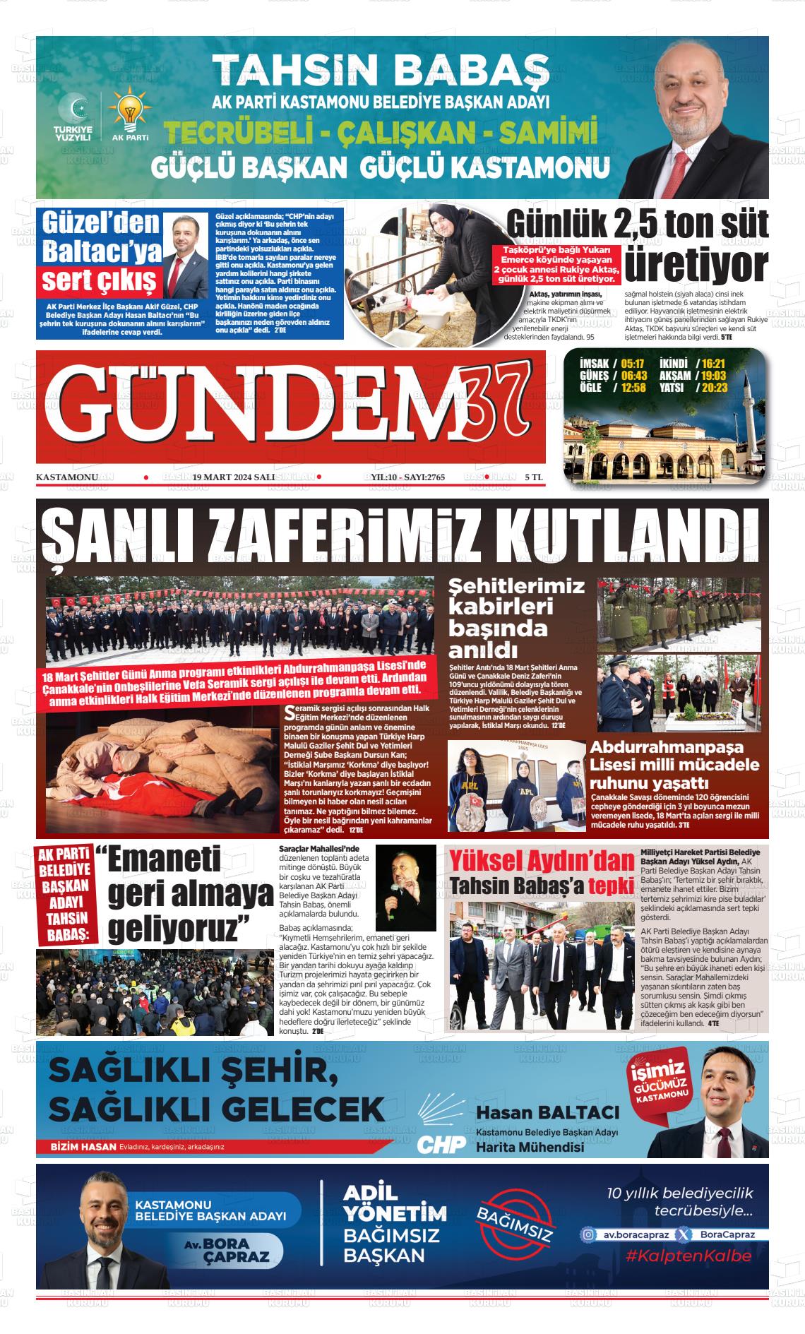 19 Mart 2024 Kastamonu Gündem Gazete Manşeti