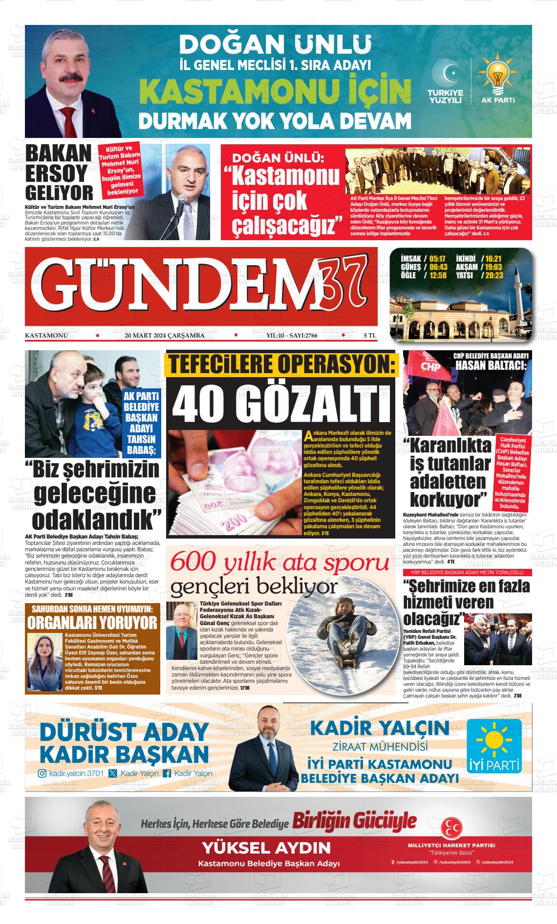 20 Mart 2024 Kastamonu Gündem Gazete Manşeti