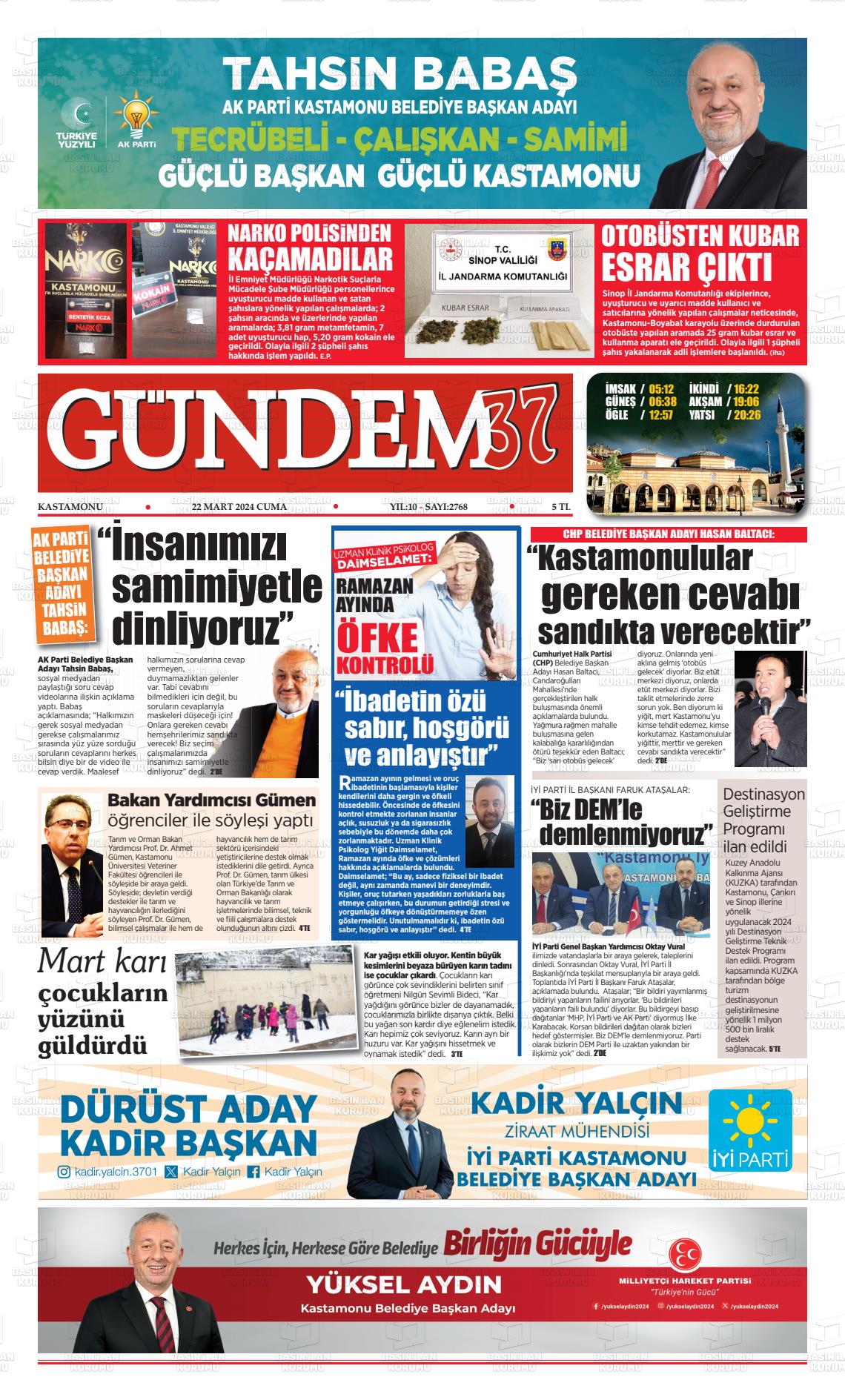 22 Mart 2024 Kastamonu Gündem Gazete Manşeti