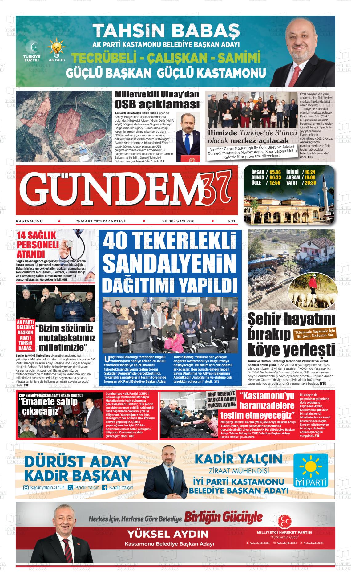 25 Mart 2024 Kastamonu Gündem Gazete Manşeti