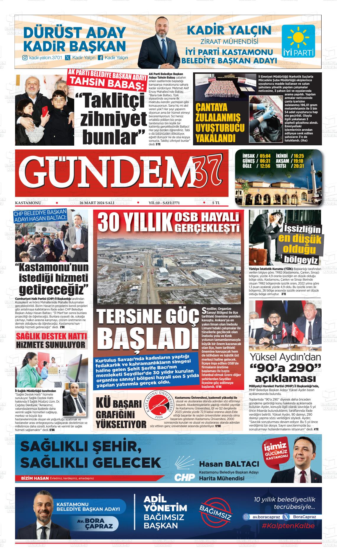 26 Mart 2024 Kastamonu Gündem Gazete Manşeti