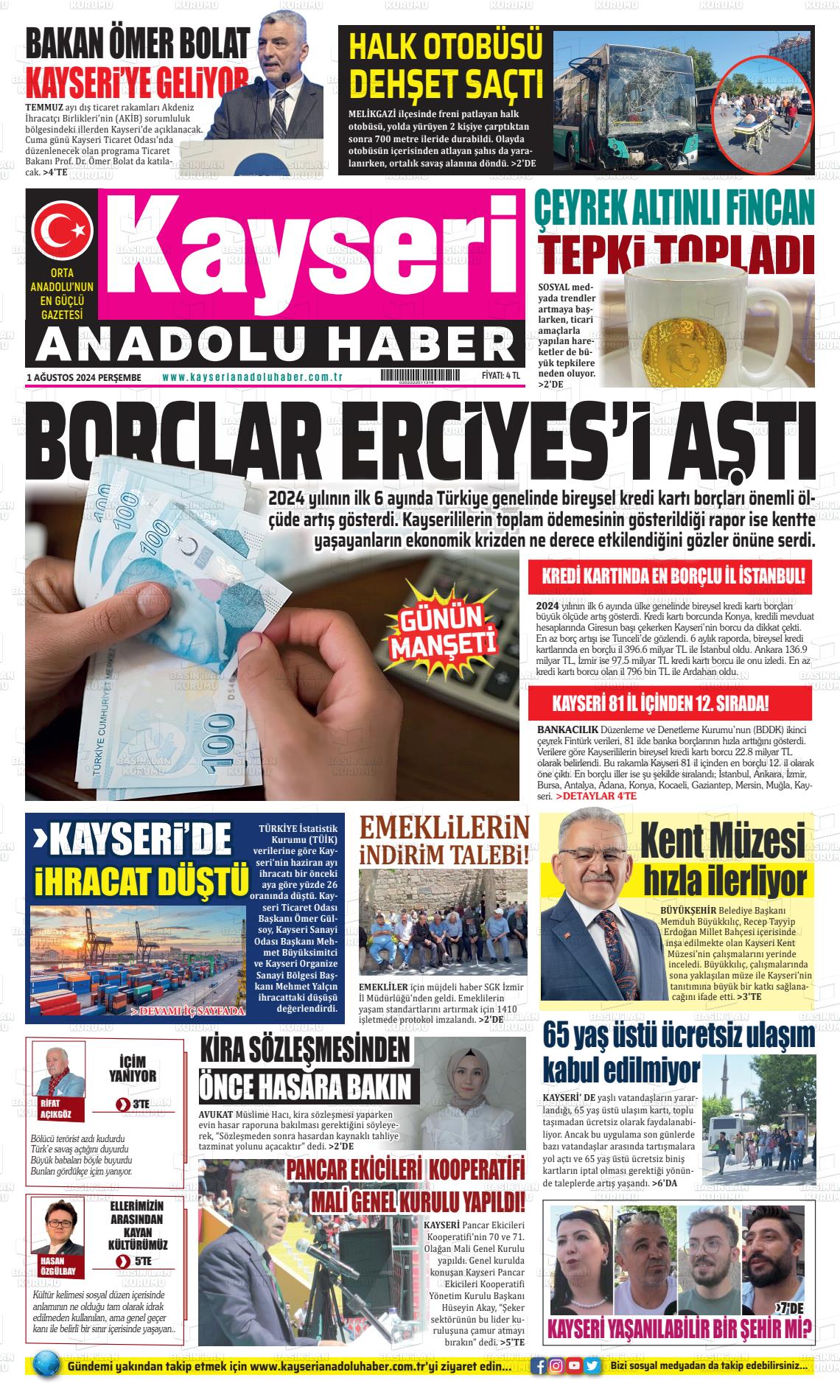 01 Ağustos 2024 Kayseri Anadolu Haber Gazete Manşeti