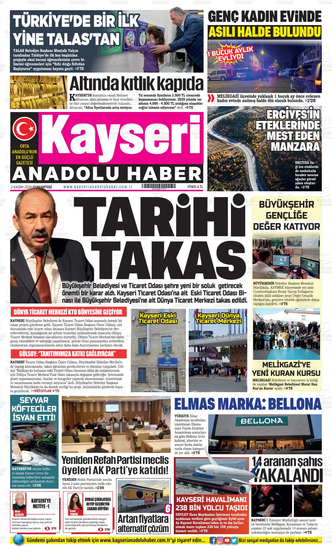 02 Kasım 2024 Kayseri Anadolu Haber Gazete Manşeti