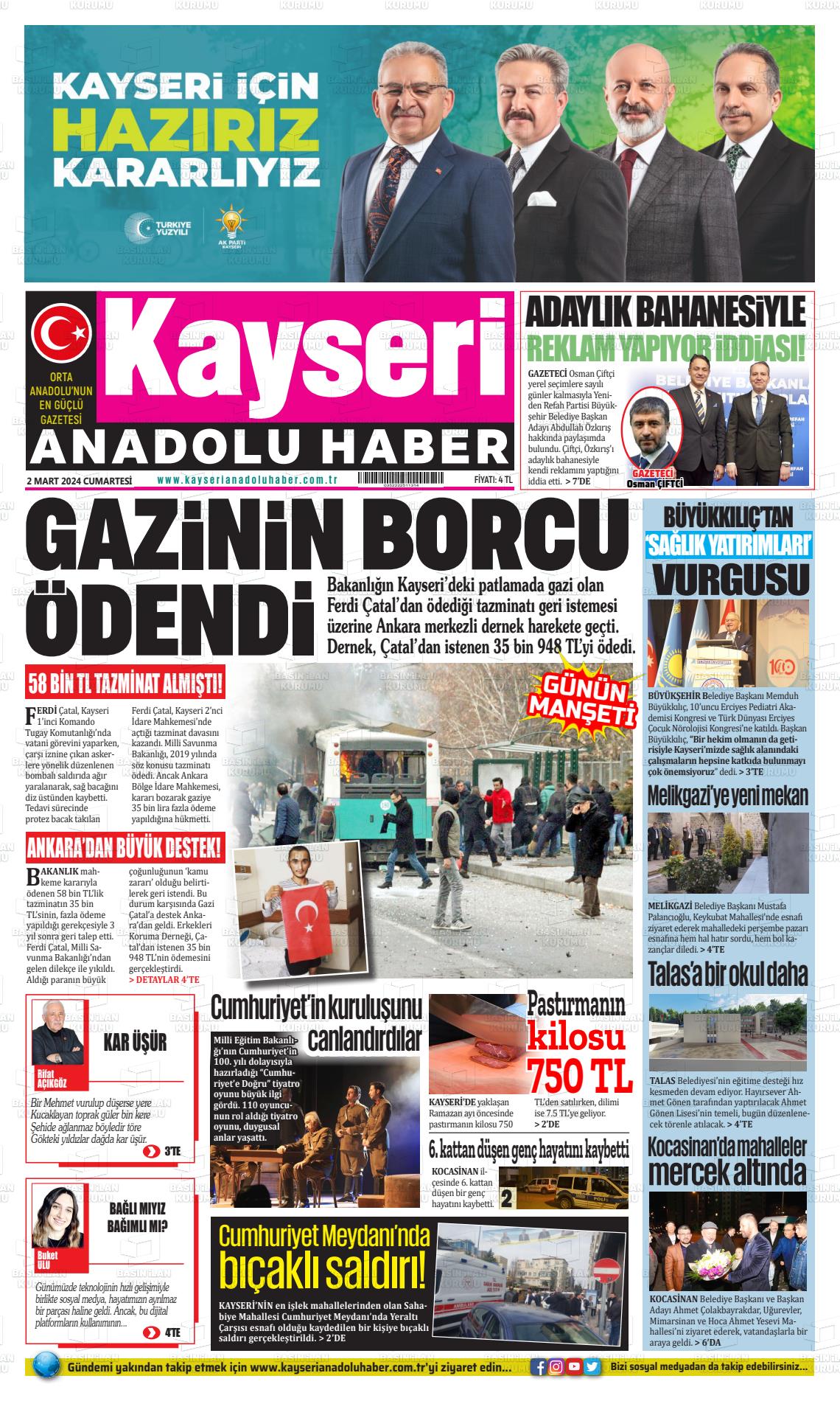 02 Mart 2024 Kayseri Anadolu Haber Gazete Manşeti