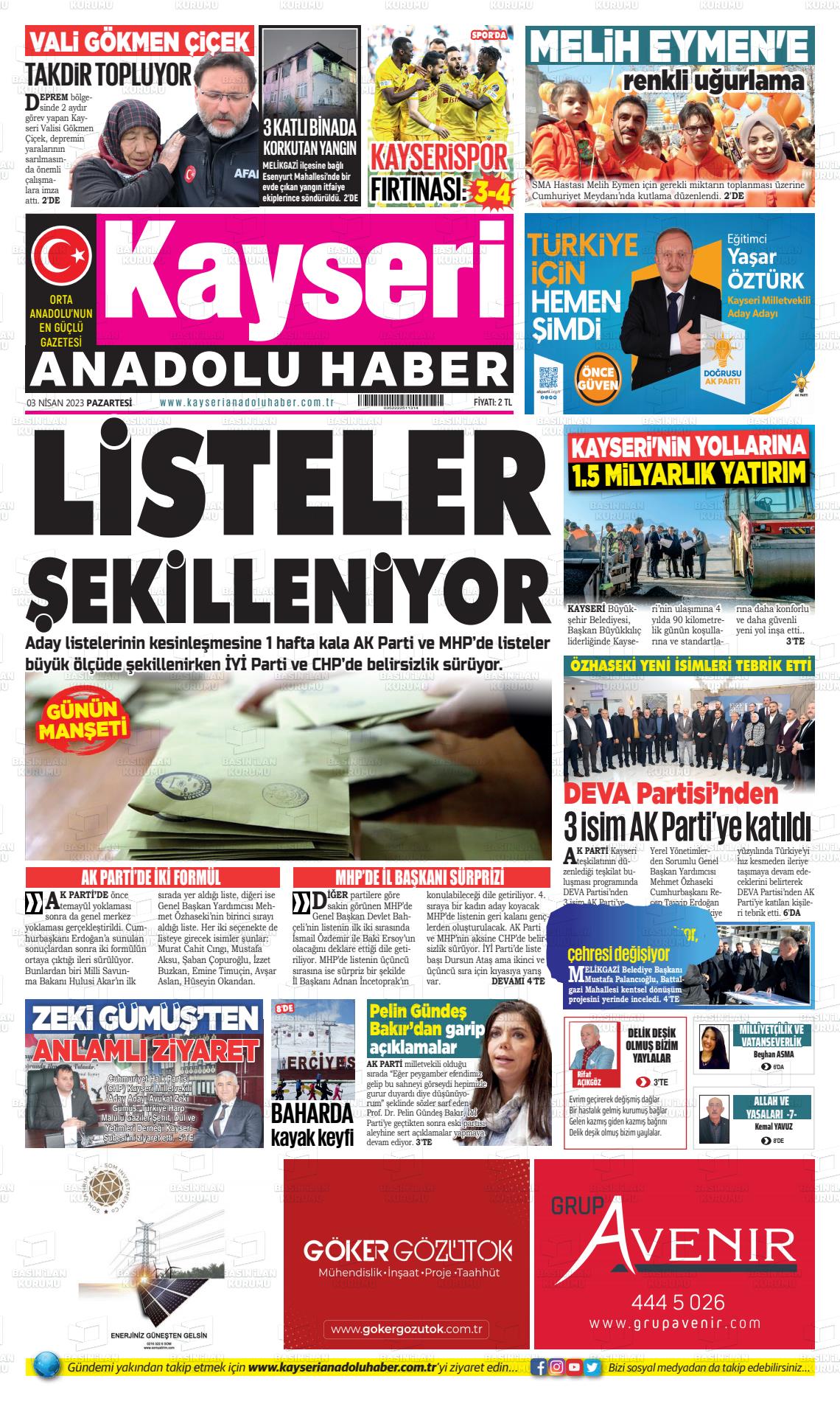 03 Nisan 2023 Kayseri Anadolu Haber Gazete Manşeti