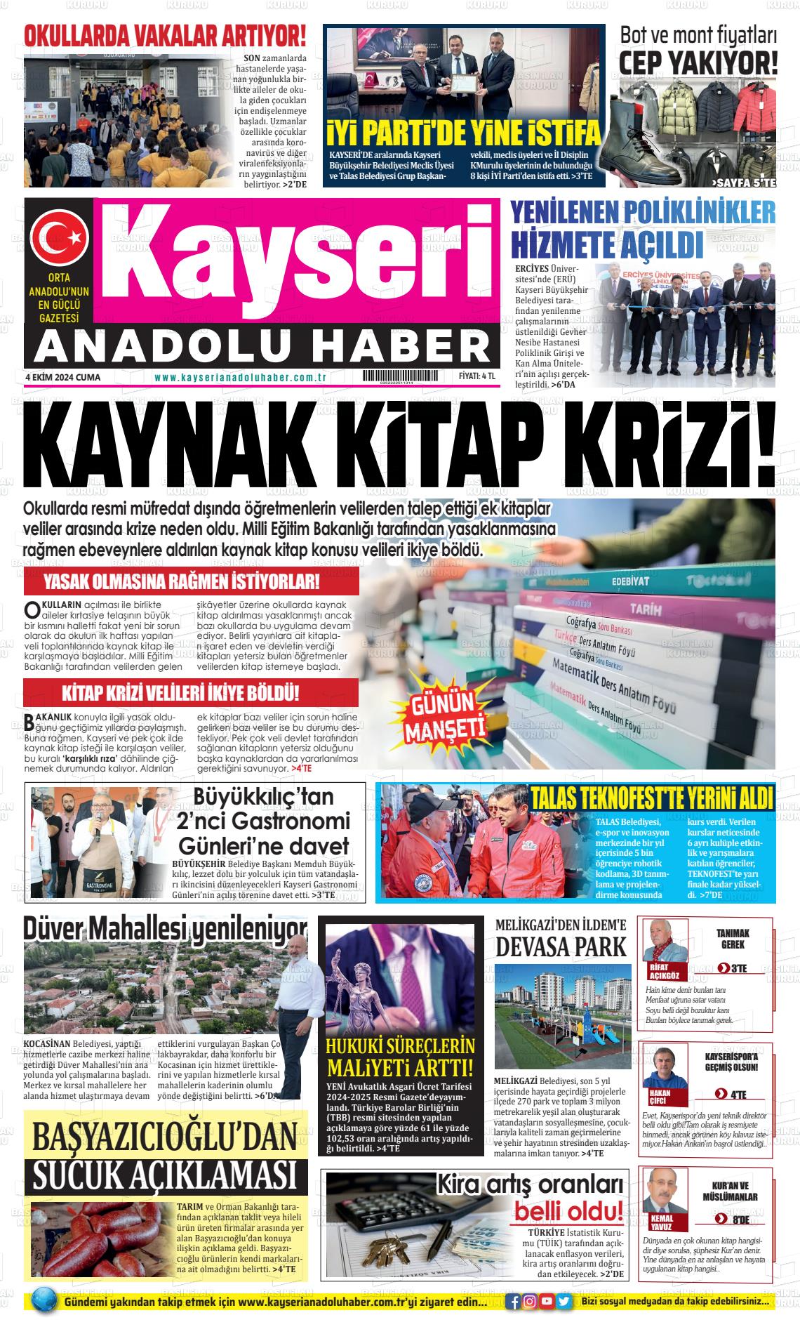 04 Ekim 2024 Kayseri Anadolu Haber Gazete Manşeti