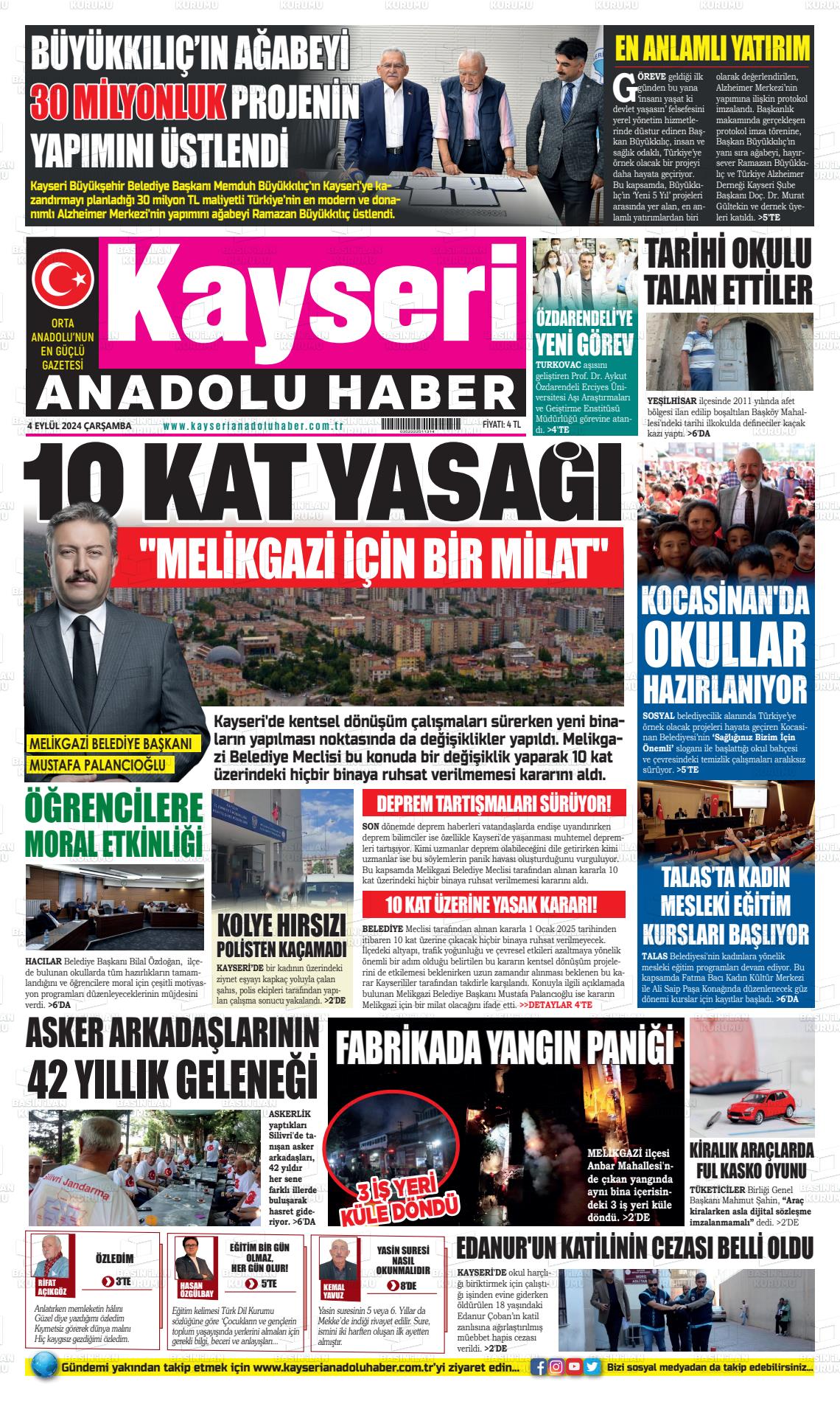 04 Eylül 2024 Kayseri Anadolu Haber Gazete Manşeti