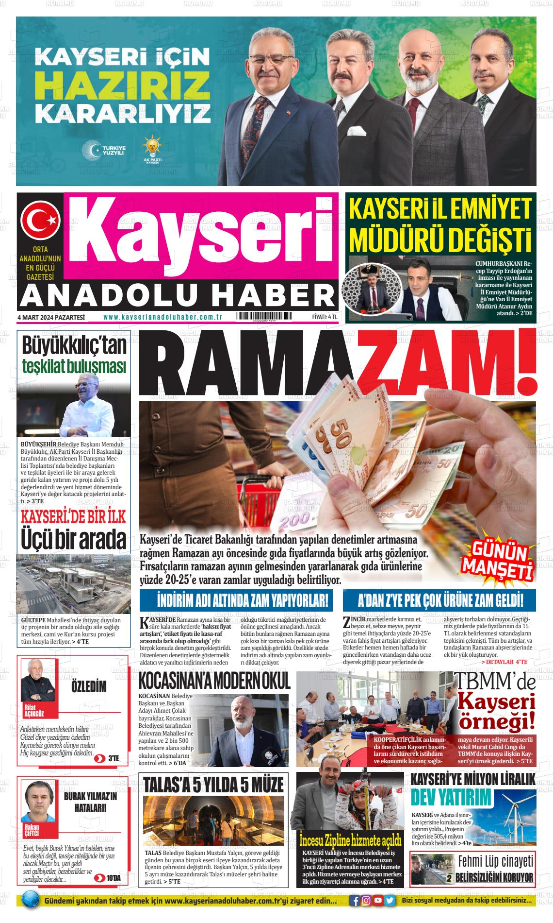 04 Mart 2024 Kayseri Anadolu Haber Gazete Manşeti