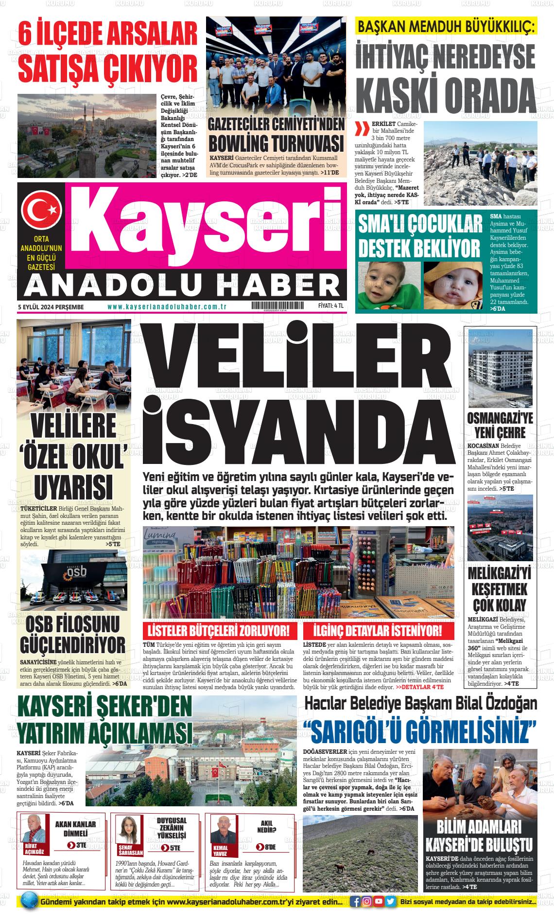 05 Eylül 2024 Kayseri Anadolu Haber Gazete Manşeti