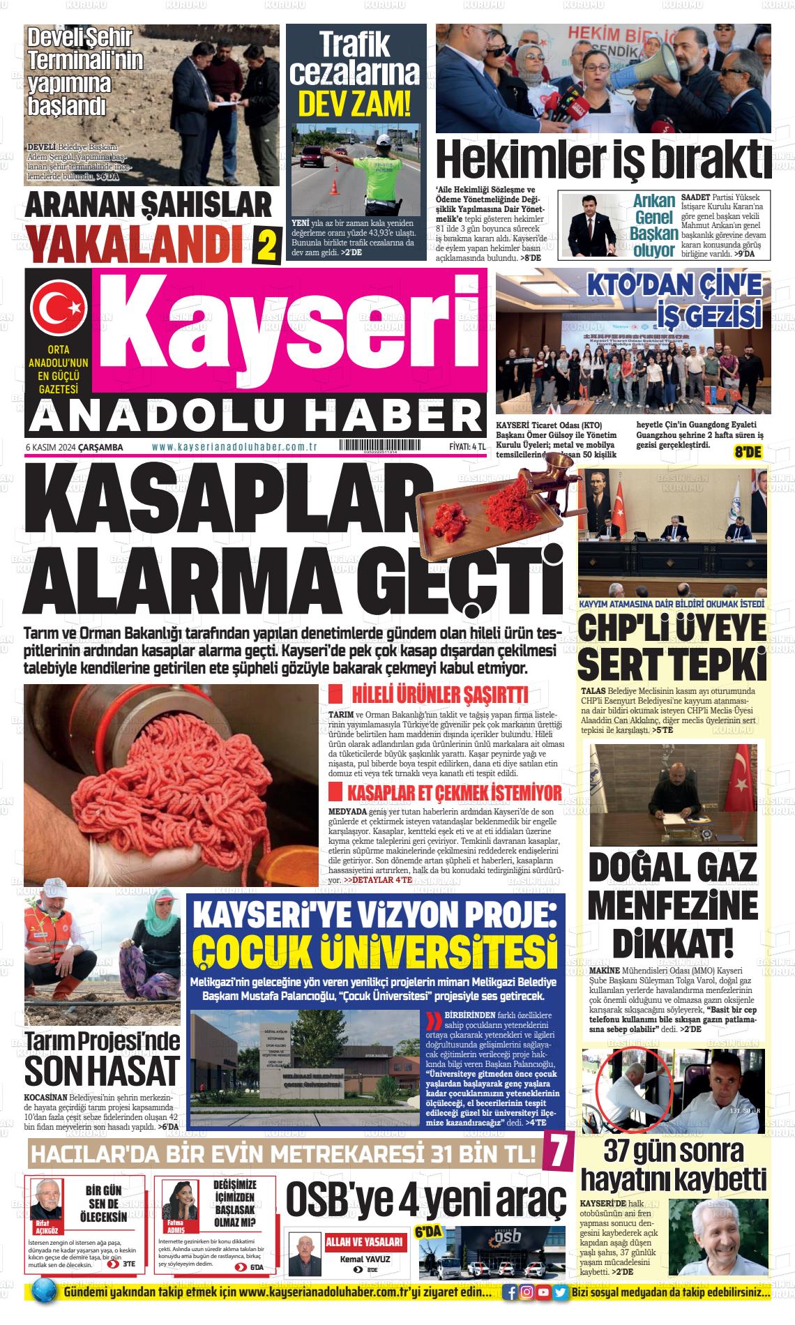 06 Kasım 2024 Kayseri Anadolu Haber Gazete Manşeti