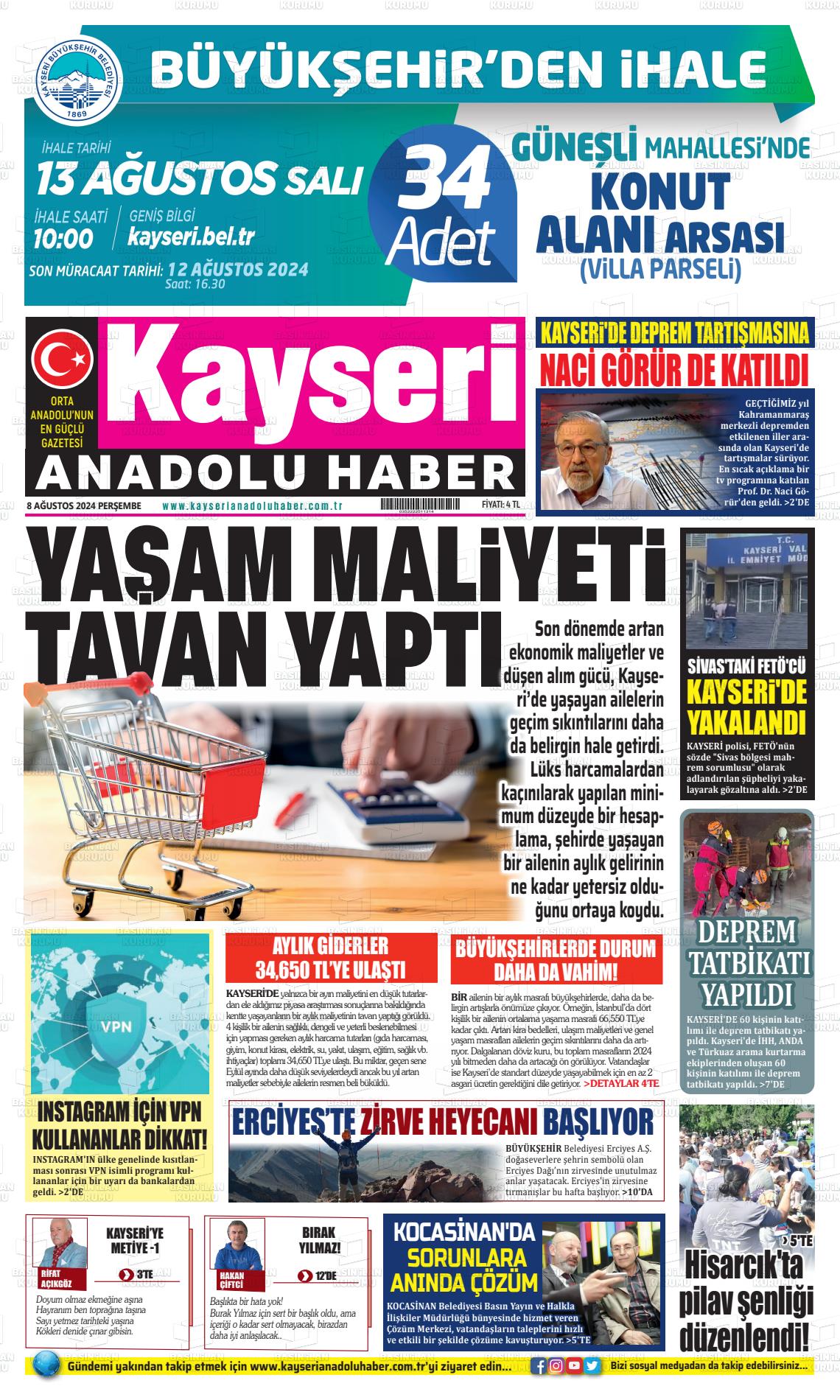 08 Ağustos 2024 Kayseri Anadolu Haber Gazete Manşeti