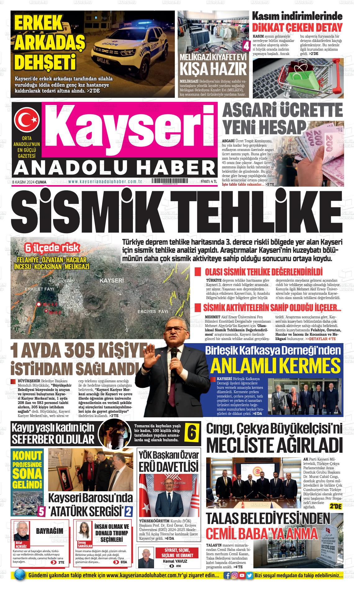 08 Kasım 2024 Kayseri Anadolu Haber Gazete Manşeti