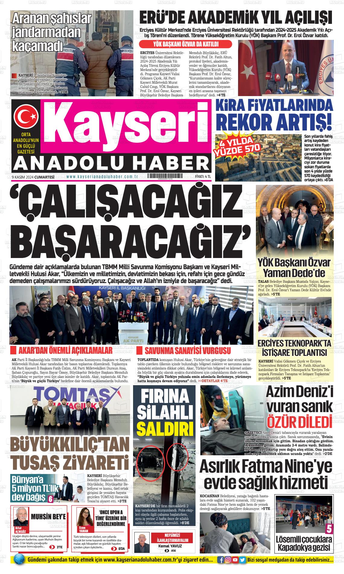 09 Kasım 2024 Kayseri Anadolu Haber Gazete Manşeti