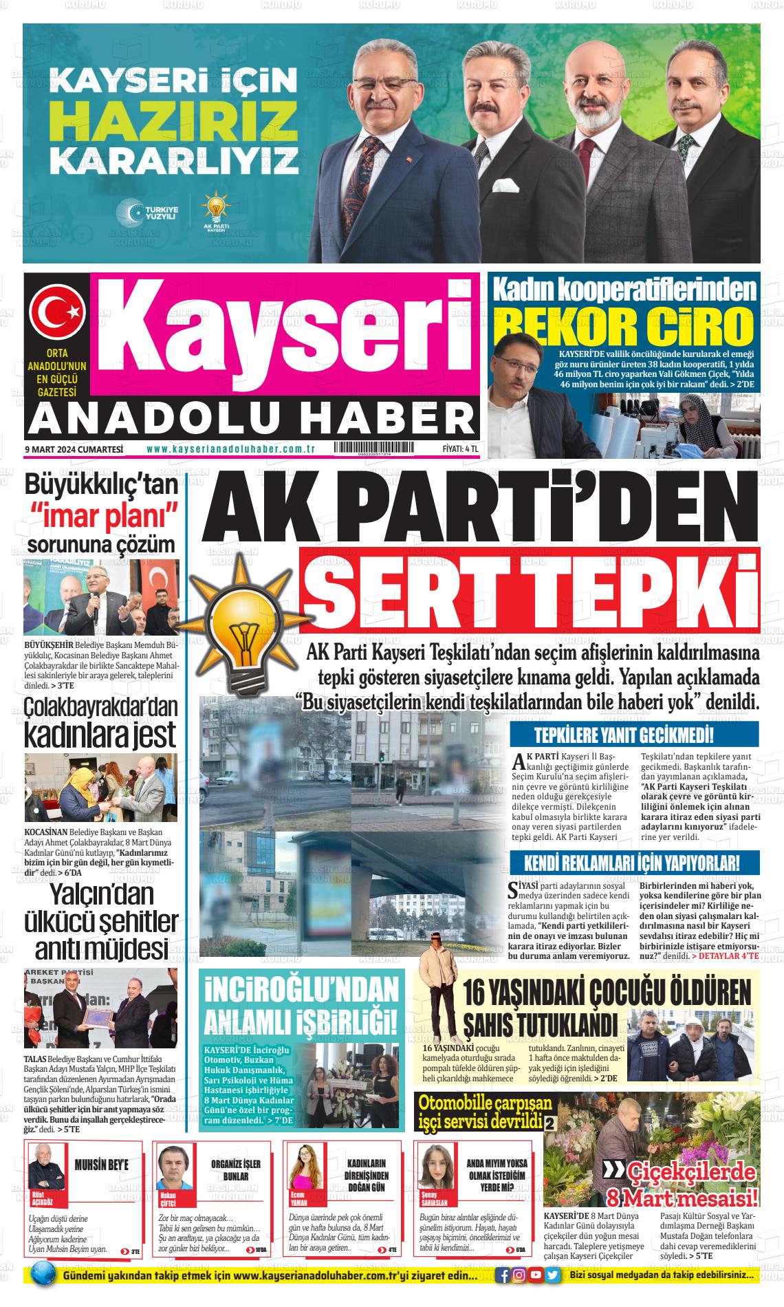 09 Mart 2024 Kayseri Anadolu Haber Gazete Manşeti