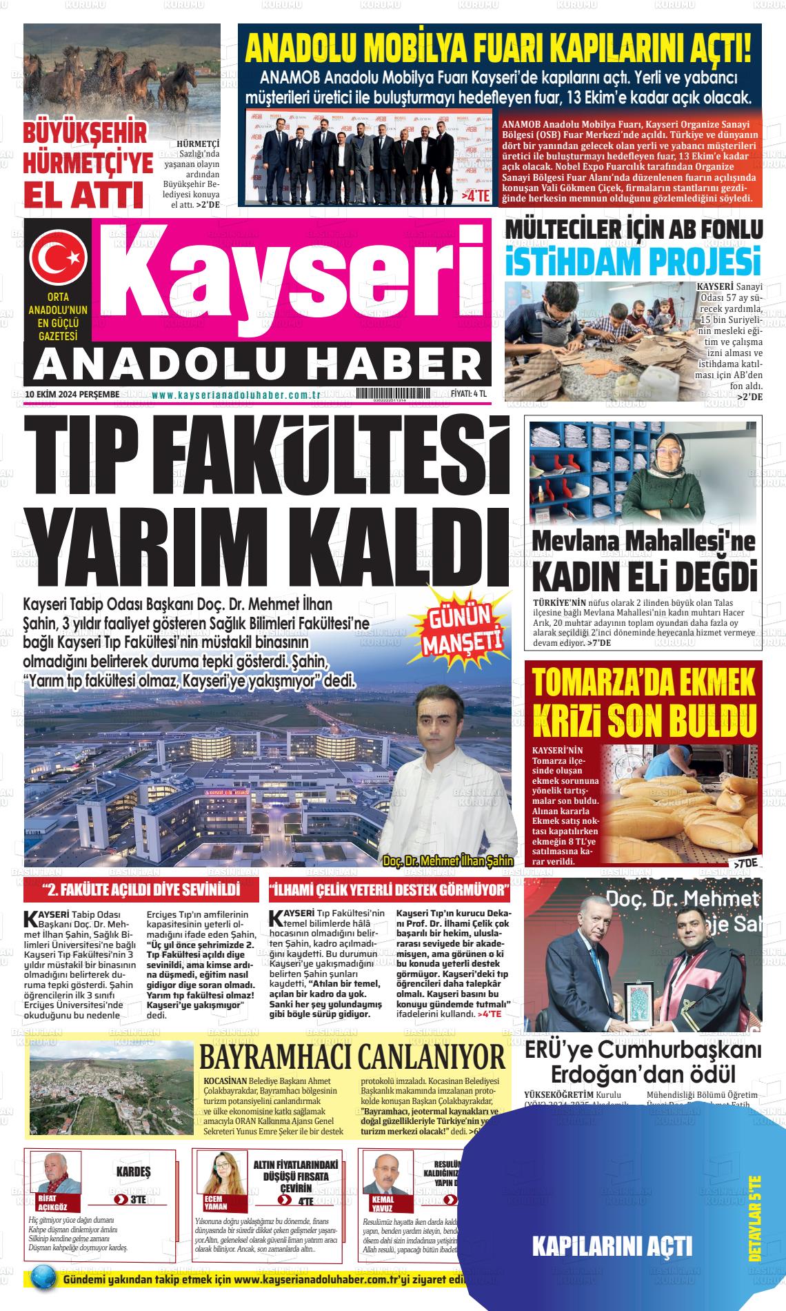 10 Ekim 2024 Kayseri Anadolu Haber Gazete Manşeti