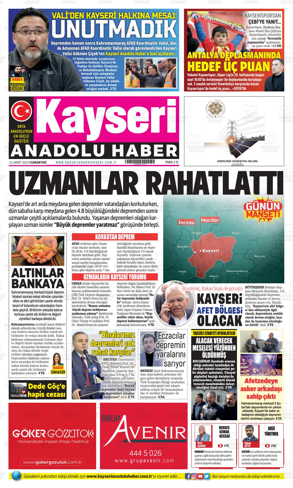 11 Mart 2023 Kayseri Anadolu Haber Gazete Manşeti