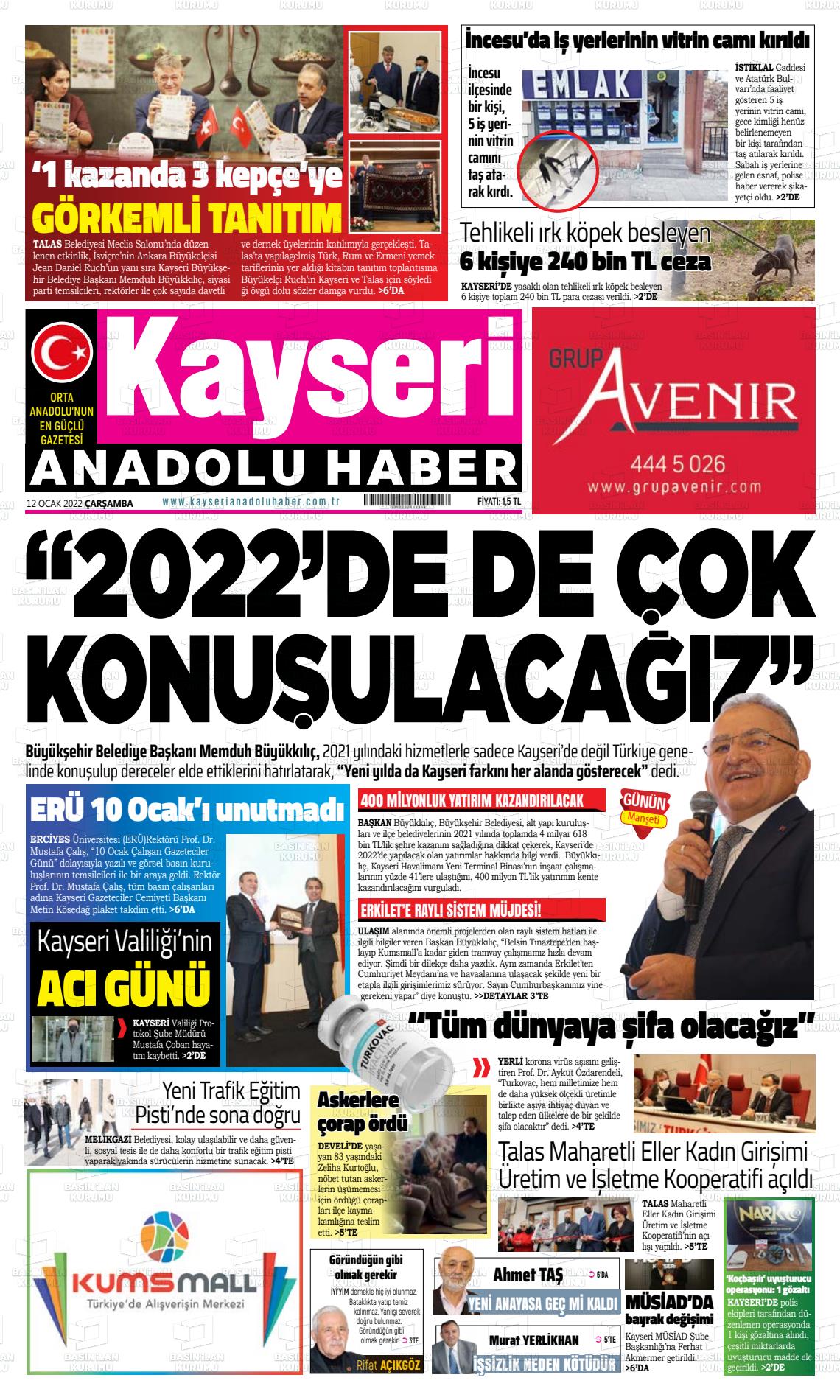 12 Ocak 2022 Kayseri Anadolu Haber Gazete Manşeti