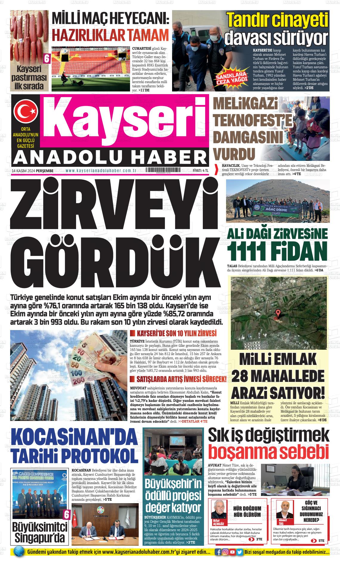 14 Kasım 2024 Kayseri Anadolu Haber Gazete Manşeti