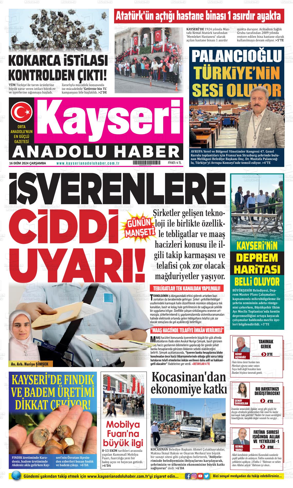 16 Ekim 2024 Kayseri Anadolu Haber Gazete Manşeti