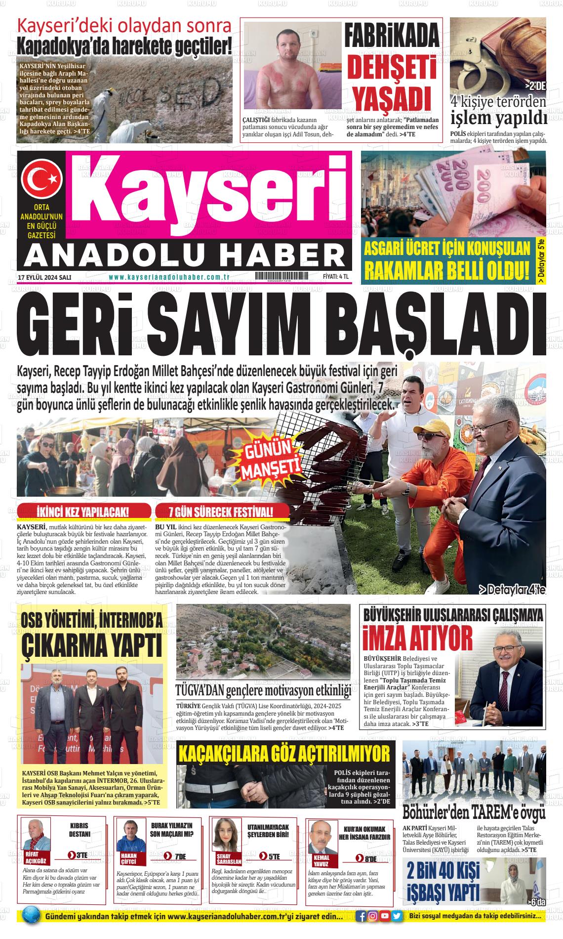 17 Eylül 2024 Kayseri Anadolu Haber Gazete Manşeti