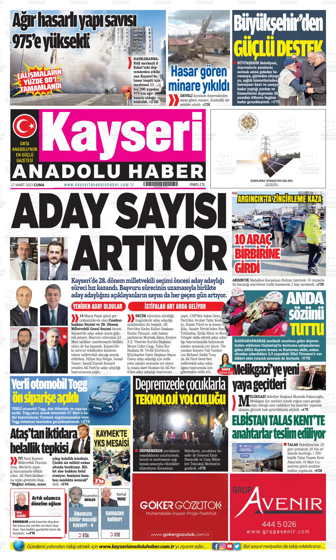 17 Mart 2023 Kayseri Anadolu Haber Gazete Manşeti