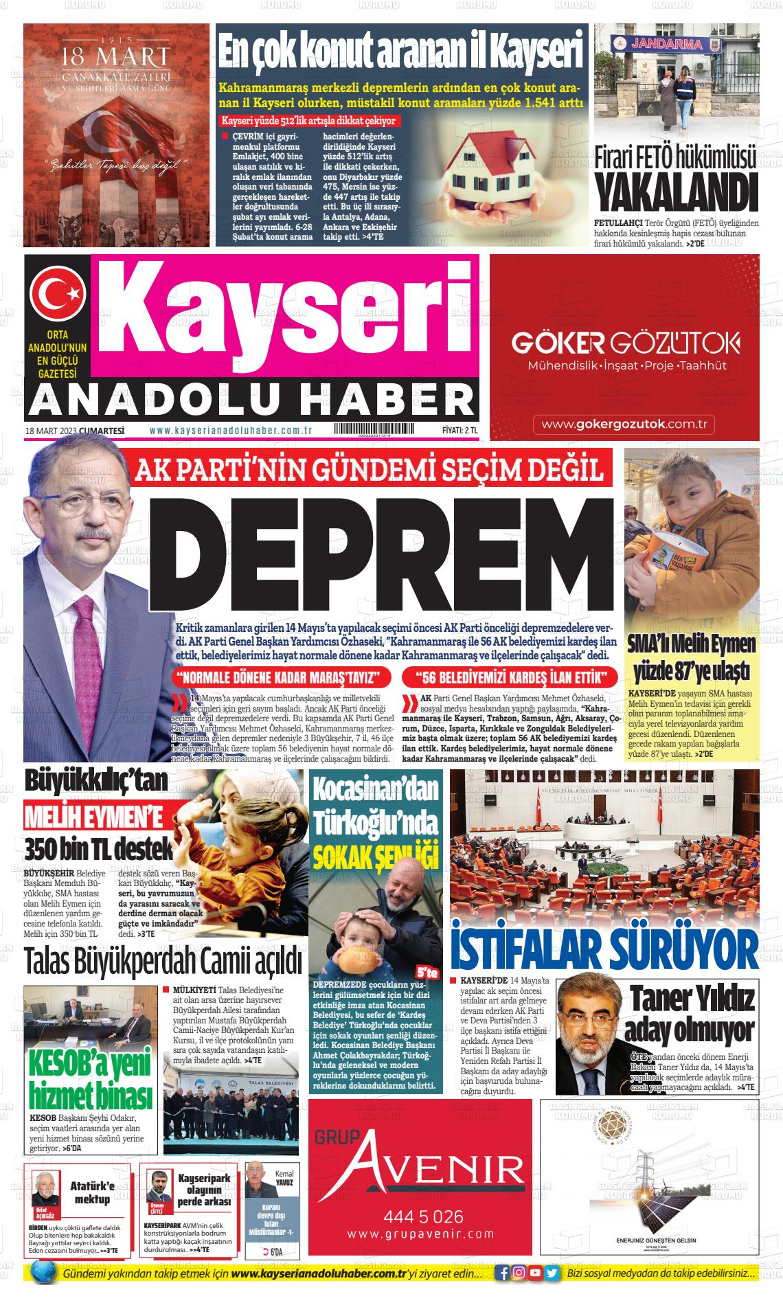 18 Mart 2023 Kayseri Anadolu Haber Gazete Manşeti