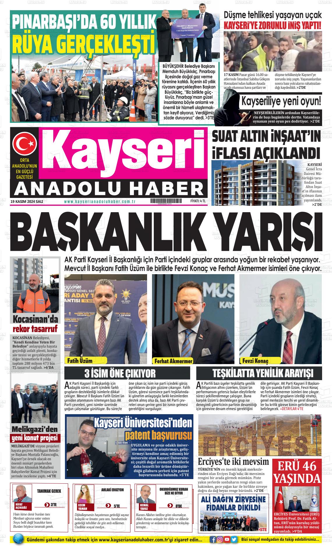 19 Kasım 2024 Kayseri Anadolu Haber Gazete Manşeti